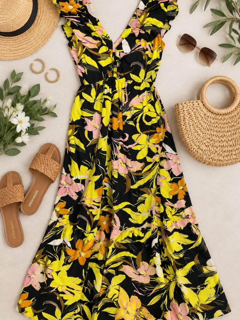 Who What Wear Floral Ruffle Maxi Dress M Black Yellow Pink Tropical Open Back